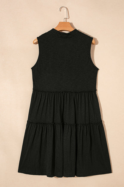 Split V Neck Tiered Flowy Sleeveless Dress | Black