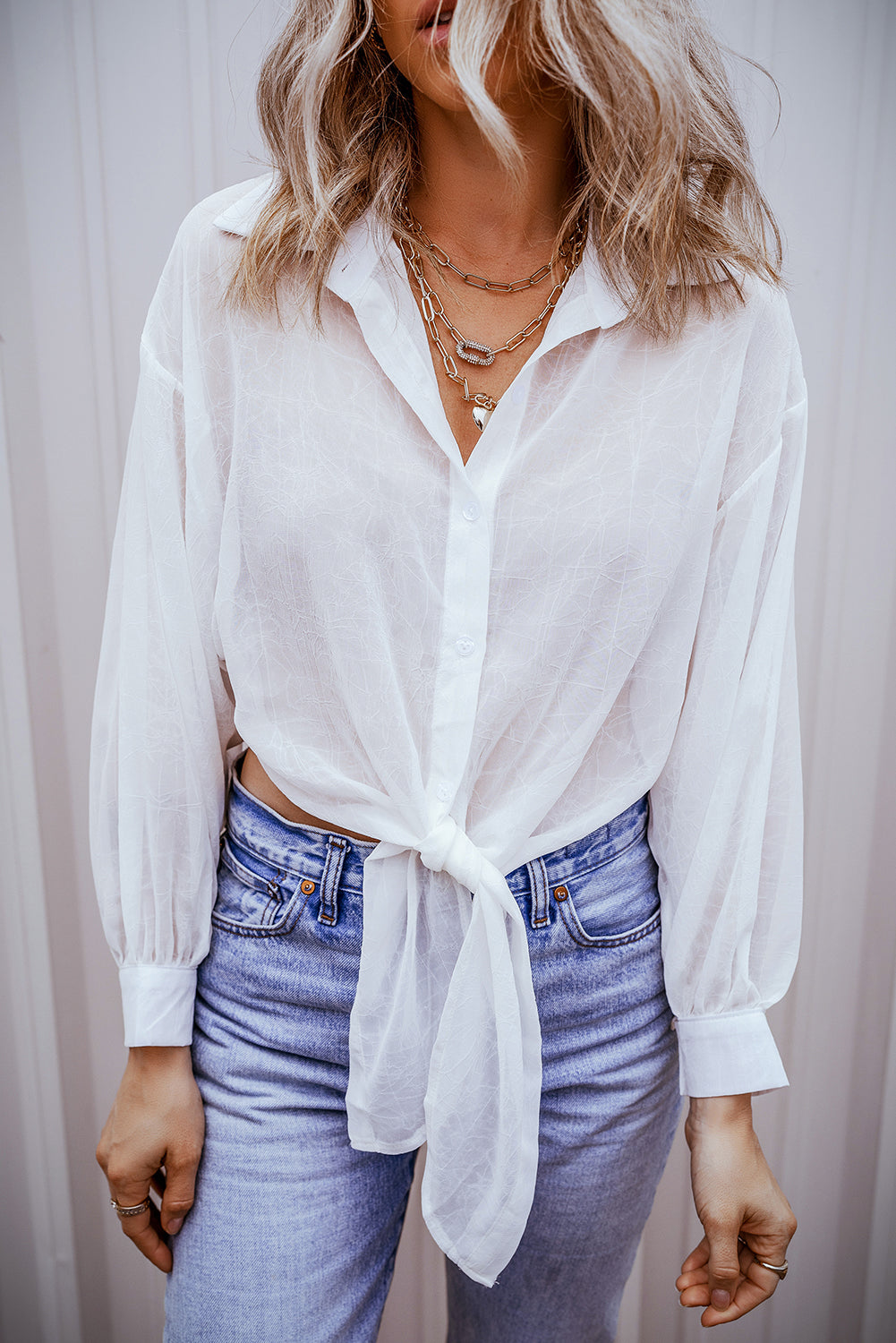 Solid Knotted Front Loose Fit Sheer Shirt | White