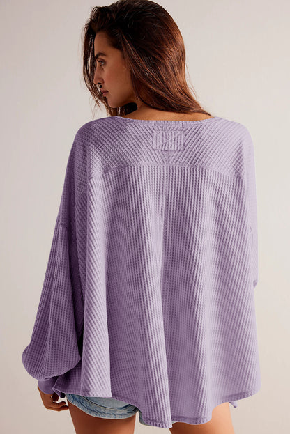 Waffle V Neck Long Sleeve Drop Shoulder Loose Blouse | Orchid Petal