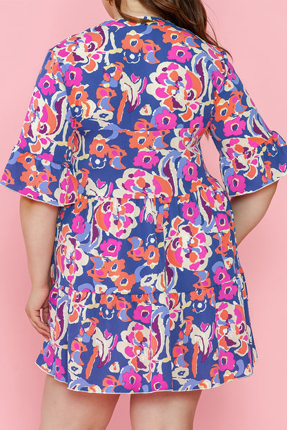 Plus Size Floral Print Ruffled 3/4 Sleeve Mini Dress | Blue