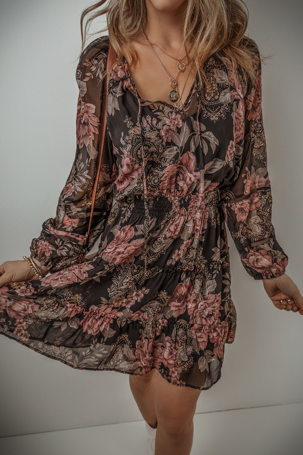 Vintage Floral Puff Sleeve V Neck Smock Waist Dress | Black