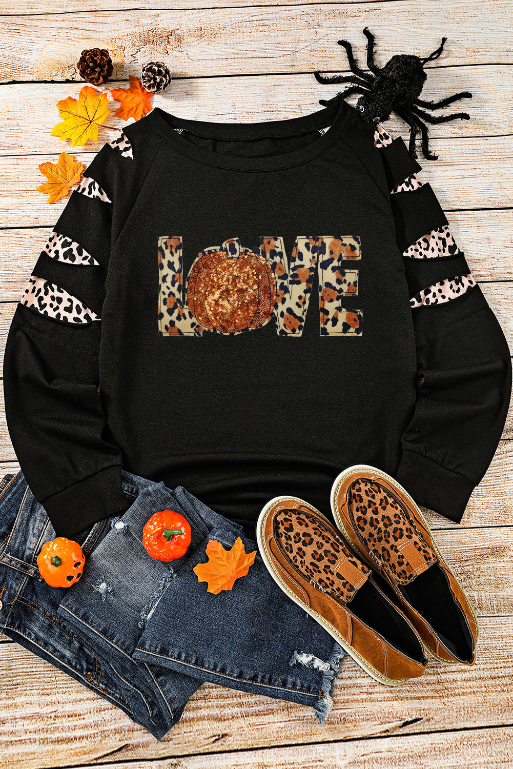 Love Sequin Pumpkin Leopard Print Cut Out Sleeve Sweatshirt | Black