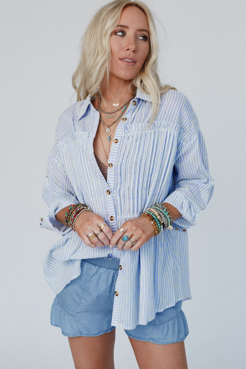 Ruffled Button Up Long Sleeve Shirt | Sky Blue Stripe