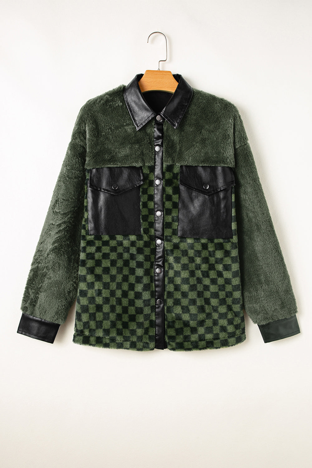 Fleece Checkerboard Flap Pocket Snap Button Jacket | Vineyard Green