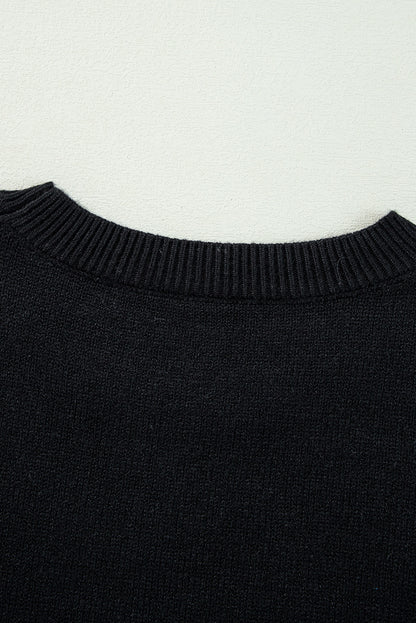 Boo Knitted Pattern Ribbed Edge Drop Shoulder Sweater | Black