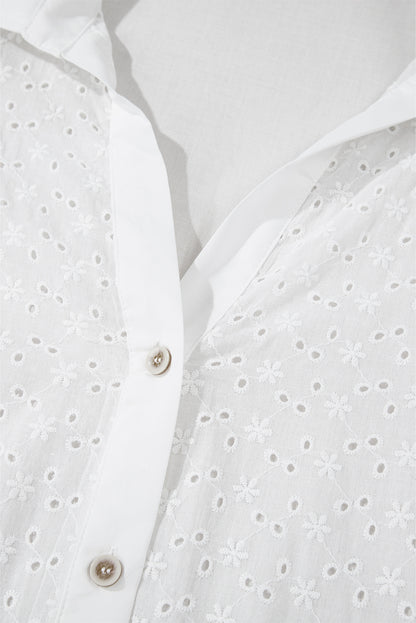 Floral Embroidered Puff Sleeve Eyelet Patchwork Shirt | White