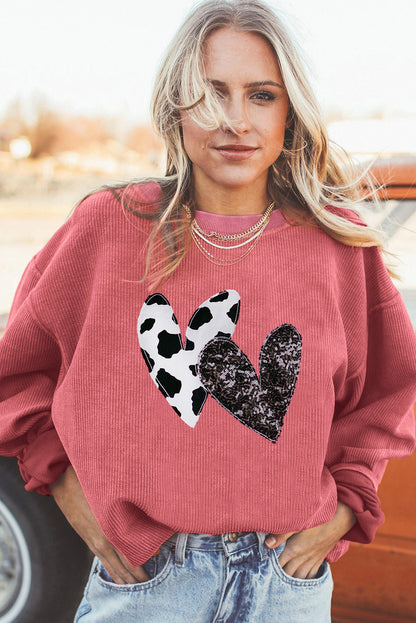 Leopard Sequin Heart Graphic Corded Sweatshirt | Strawberry Pink