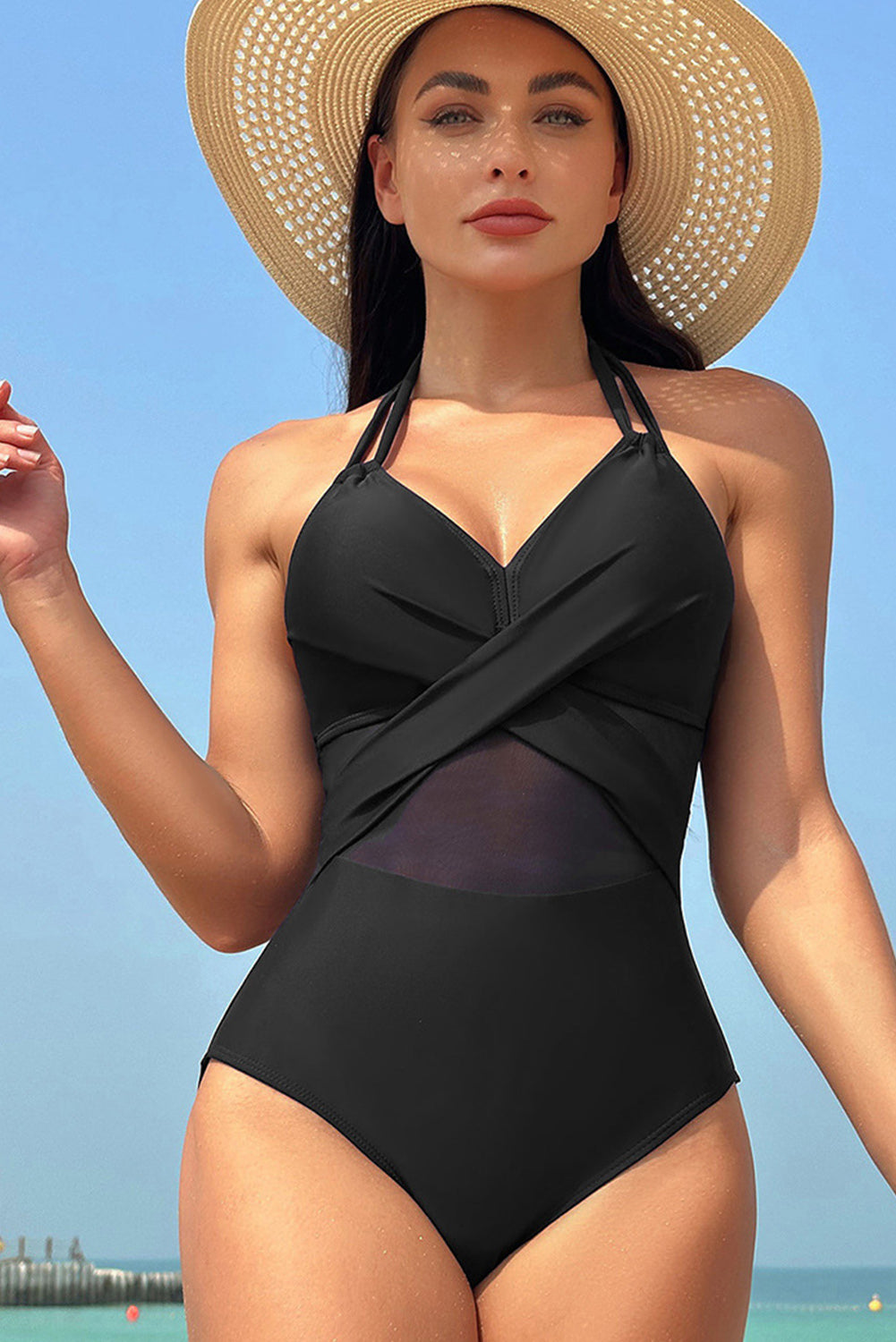 Halter Mesh Insert Cross Front One-Piece Swimsuit | Black