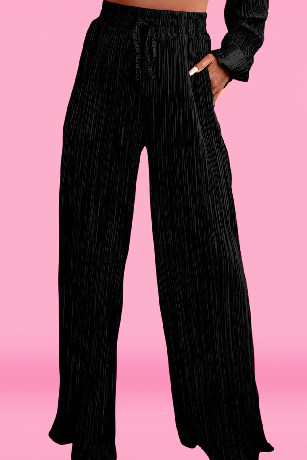 Pleated Long Sleeve Shirt And Wide-Leg Pants Set | Black