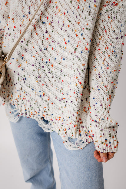 Colourful Confetti Distressed Knit Sweater | White