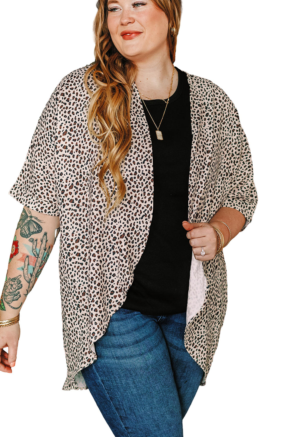 Plus Size Leopard Print Half Sleeve Open Front Cardigan | Khaki