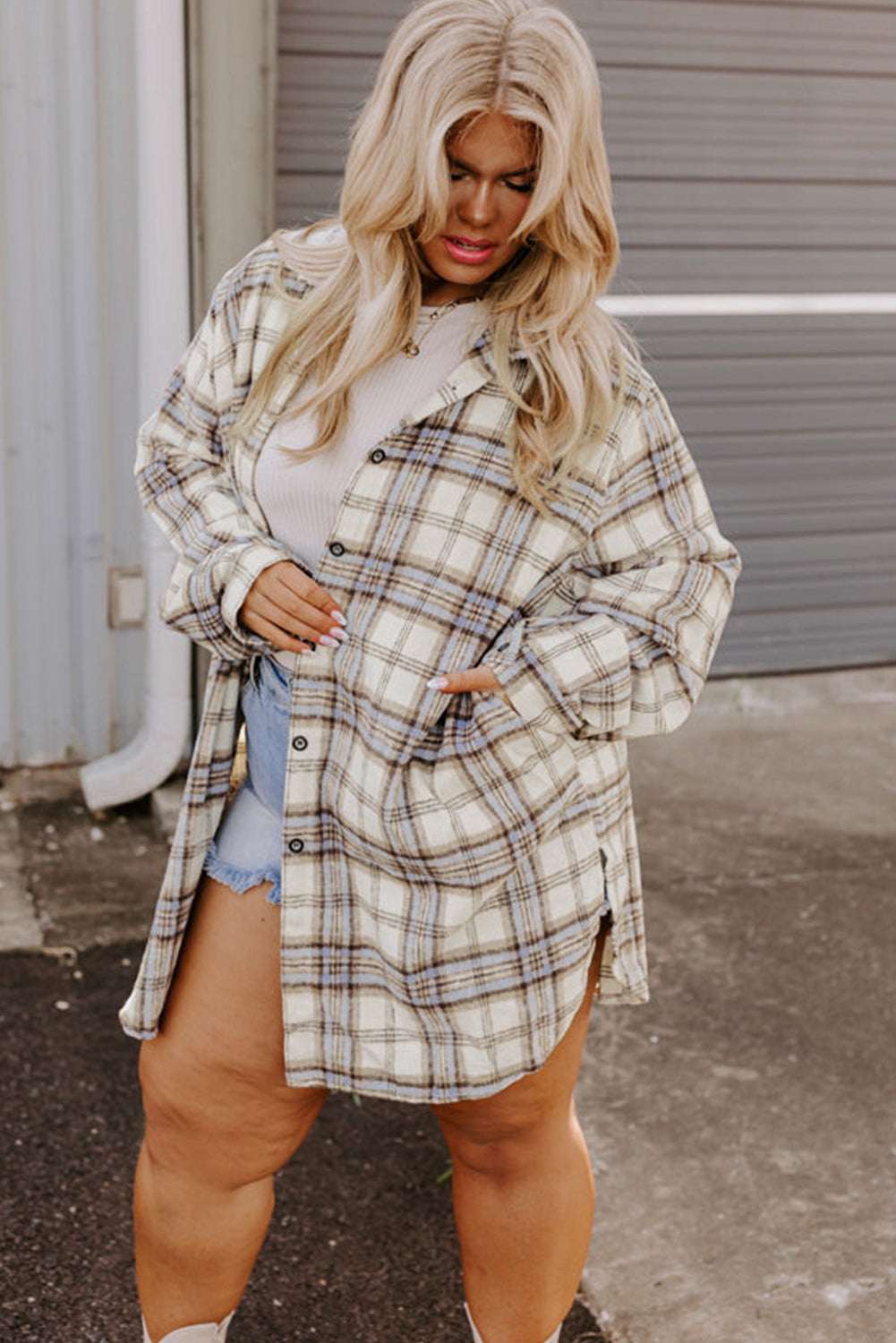 White Plaid Print Tunic Plus Size Shacket With Slits | White Stripe