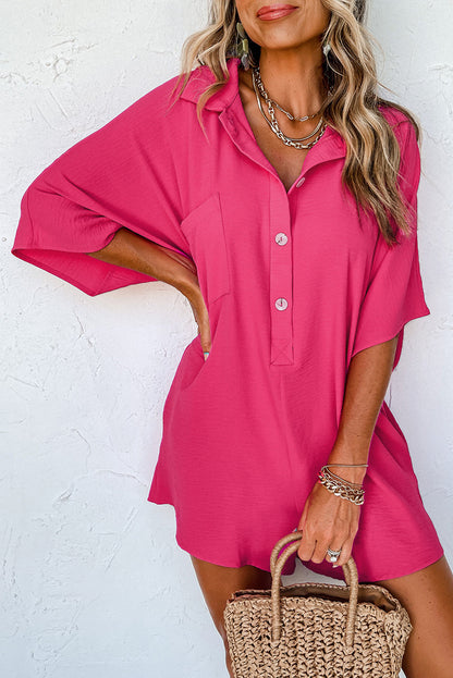 Half Button Collared Loose Romper | Bright Pink