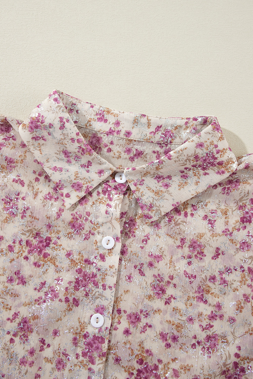 Floral Print Bishop Sleeve Collared V Neck Shirt | Pink