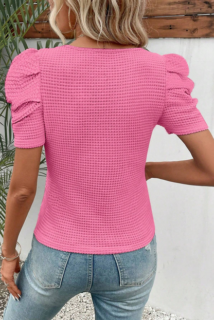 Waffle Knit Ruched Puff Sleeve Top | Bright Pink