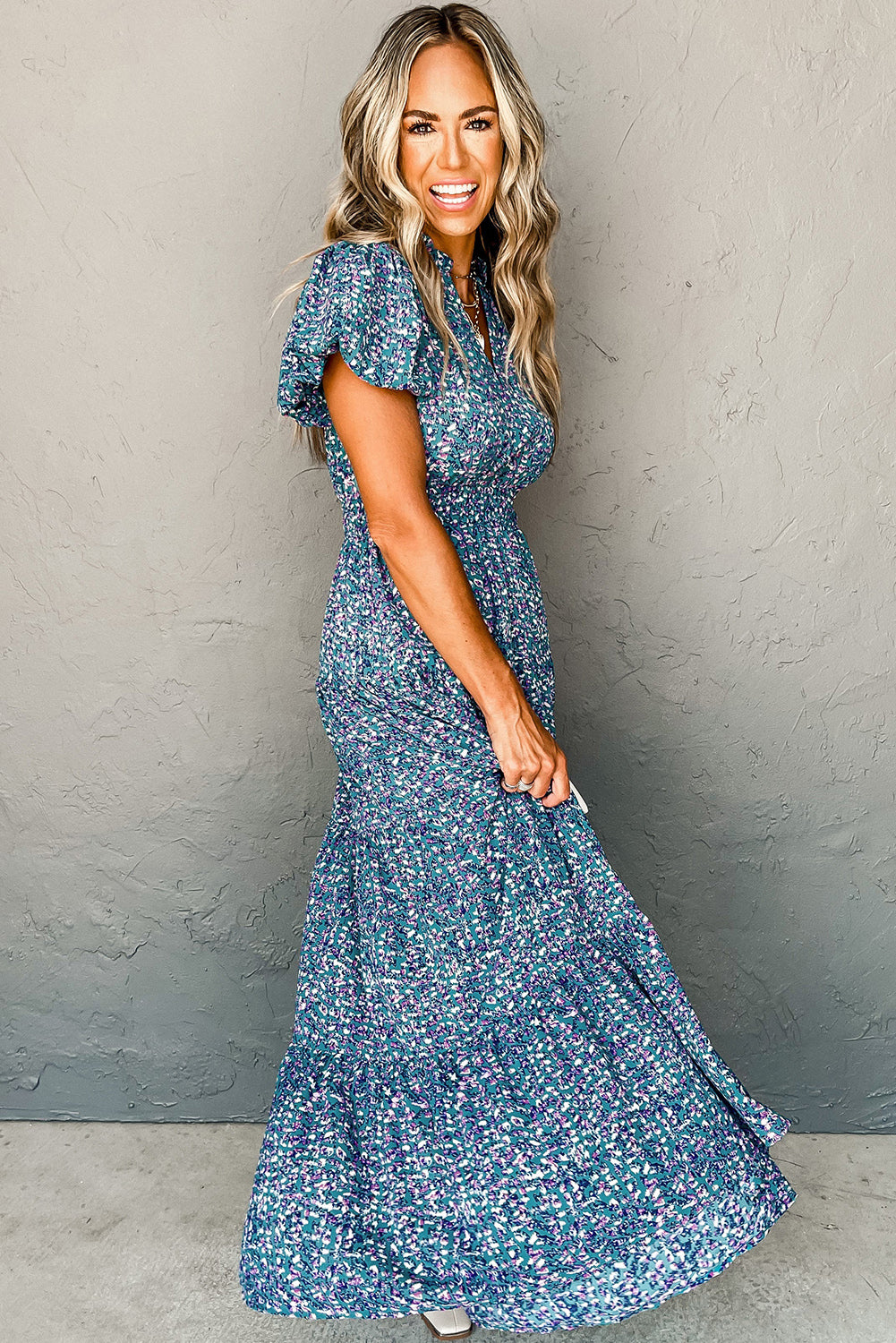 Printed V Neck Shirred Short Puff Sleeve Maxi Dress | Blue