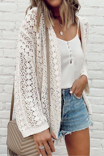 Stylish Hollow Out Knit Drop Shoulder Cardigan | White