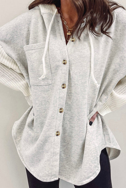 Button Up Contrast Knitted Sleeves Hooded Jacket | Gray