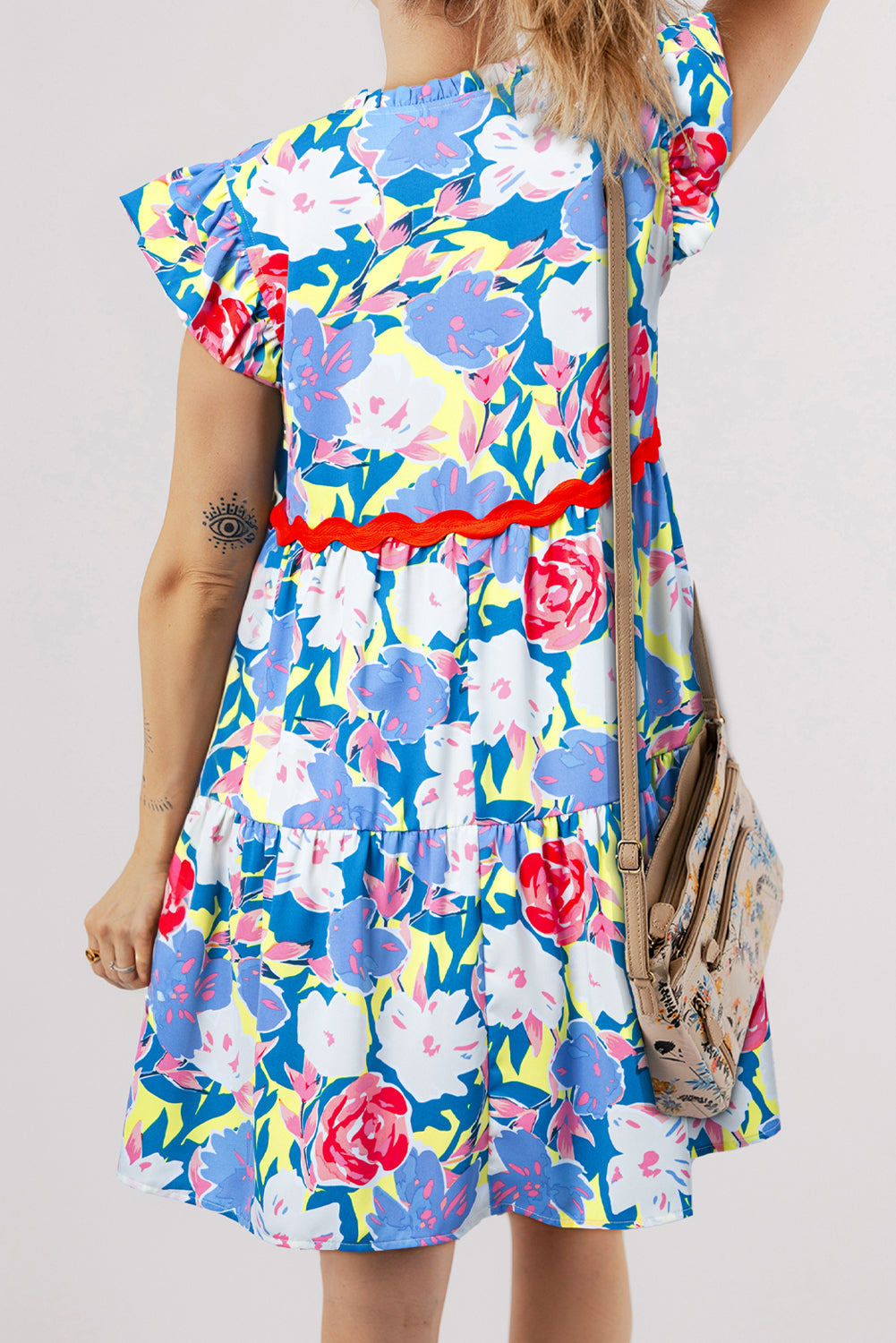 Floral Printed V Notched Ric Rac Flutter Sleeve Dress | Sky Blue