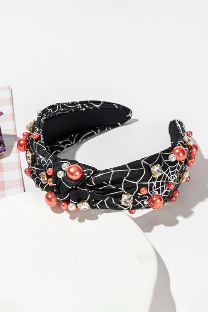 Pearled Rhinestone Knotted Spiderweb Halloween Headband | Black