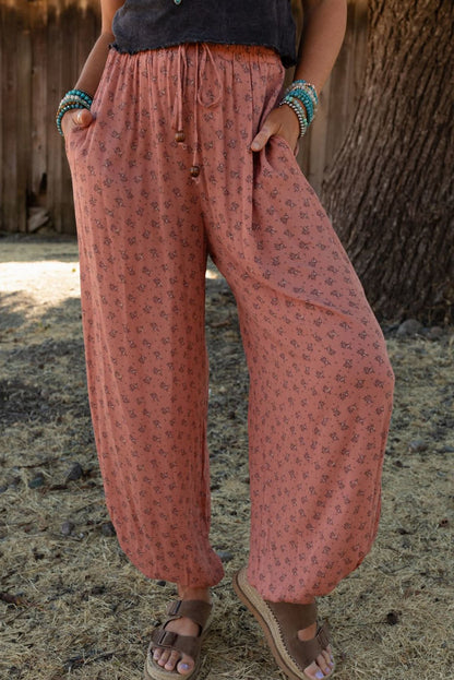 Boho Floral Printed Wide Leg Jogger Pants | Pink