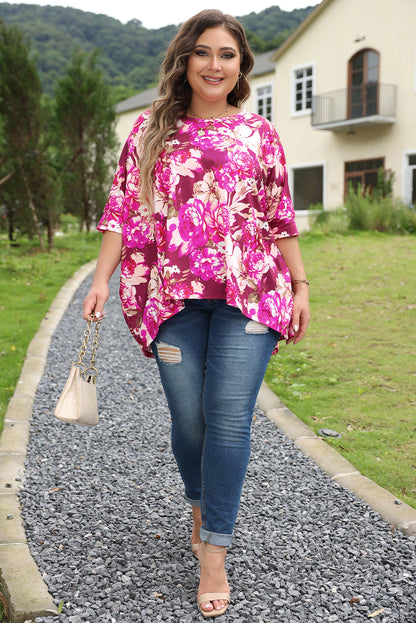 Floral Print Short Sleeve Plus Size Blouse | Red