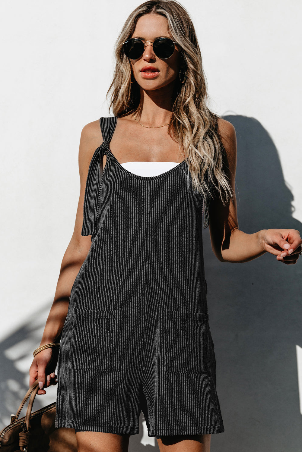 Striped Print Knotted Straps Pocketed Romper | Dark Grey