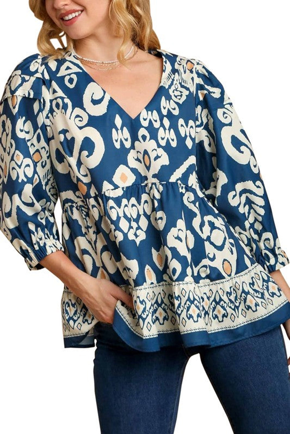 Tribal Geometric Print 3/4 Sleeve Flowy Fit Blouse | Blue