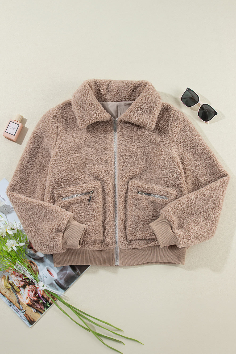 Zipper Pocketed Winter Fuzzy Jacket | Light French Beige