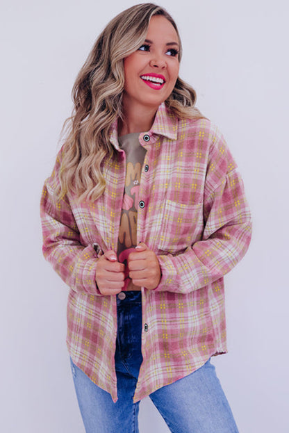 Plaid Print Chest Pocket Long Sleeve Shacket | Pink