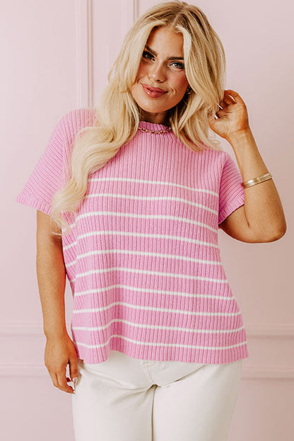 Ribbed Loose Plus T Shirt | Pink Stripe