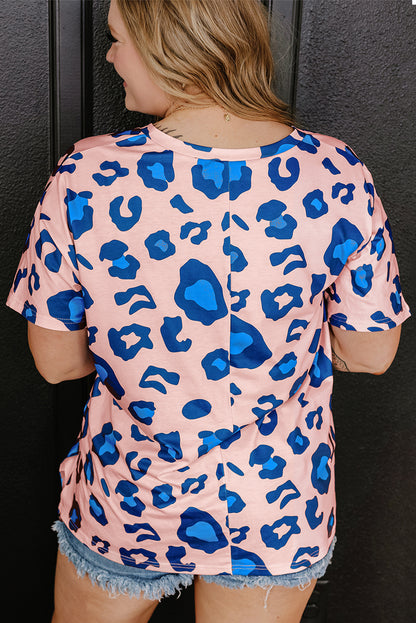 Leopard Print V Neck Plus Size Tee | Pink