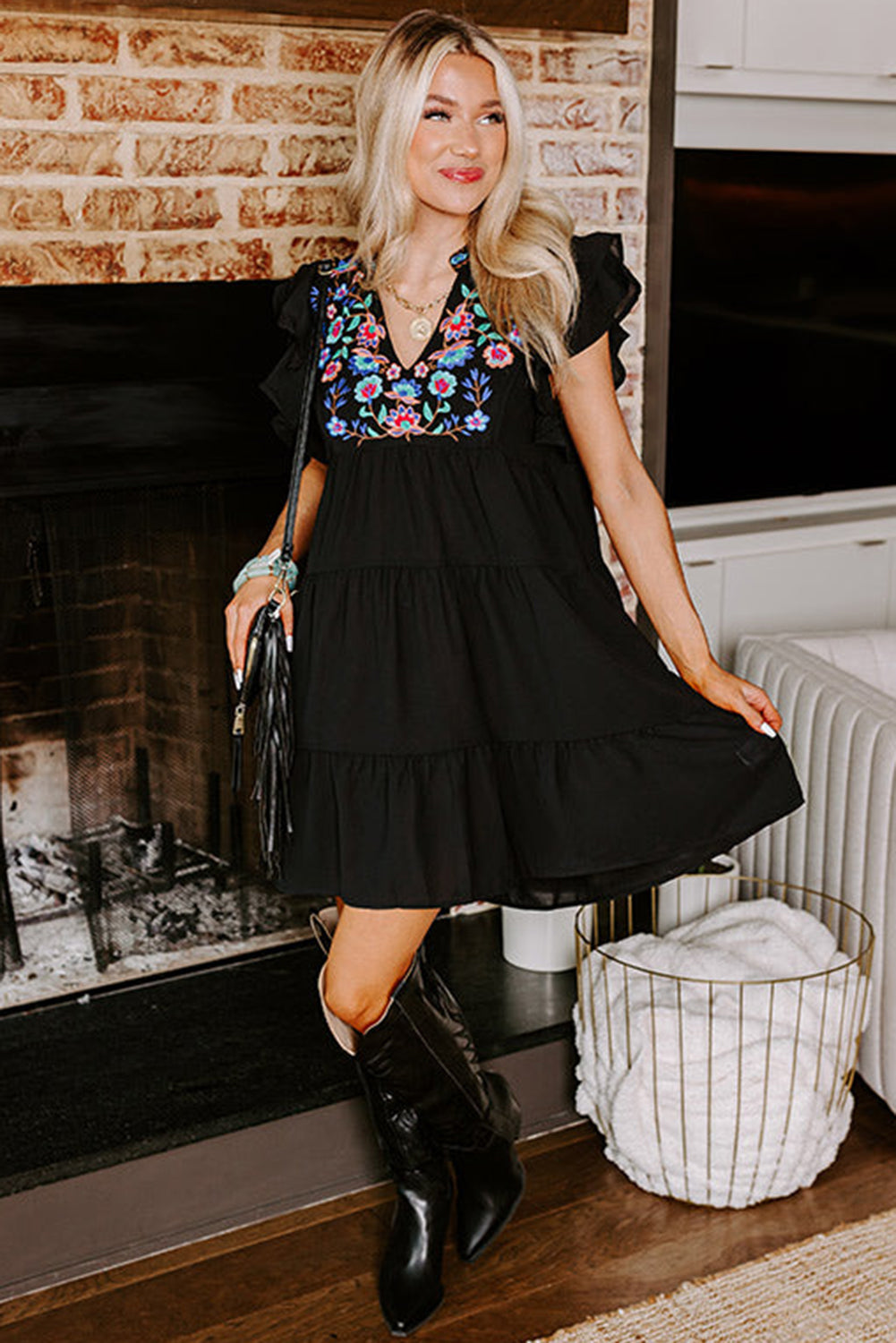 Floral Embroidered Tiered Ruffled Mini Dress | Black