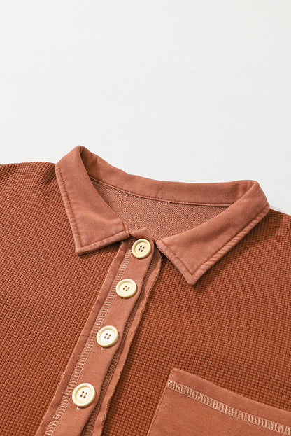 Waffle Exposed Seam Pocket Henley Sweatshirt | Chestnut