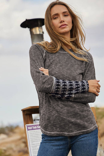 Aztec Patchwork Ribbed Long Sleeve Top | Gray