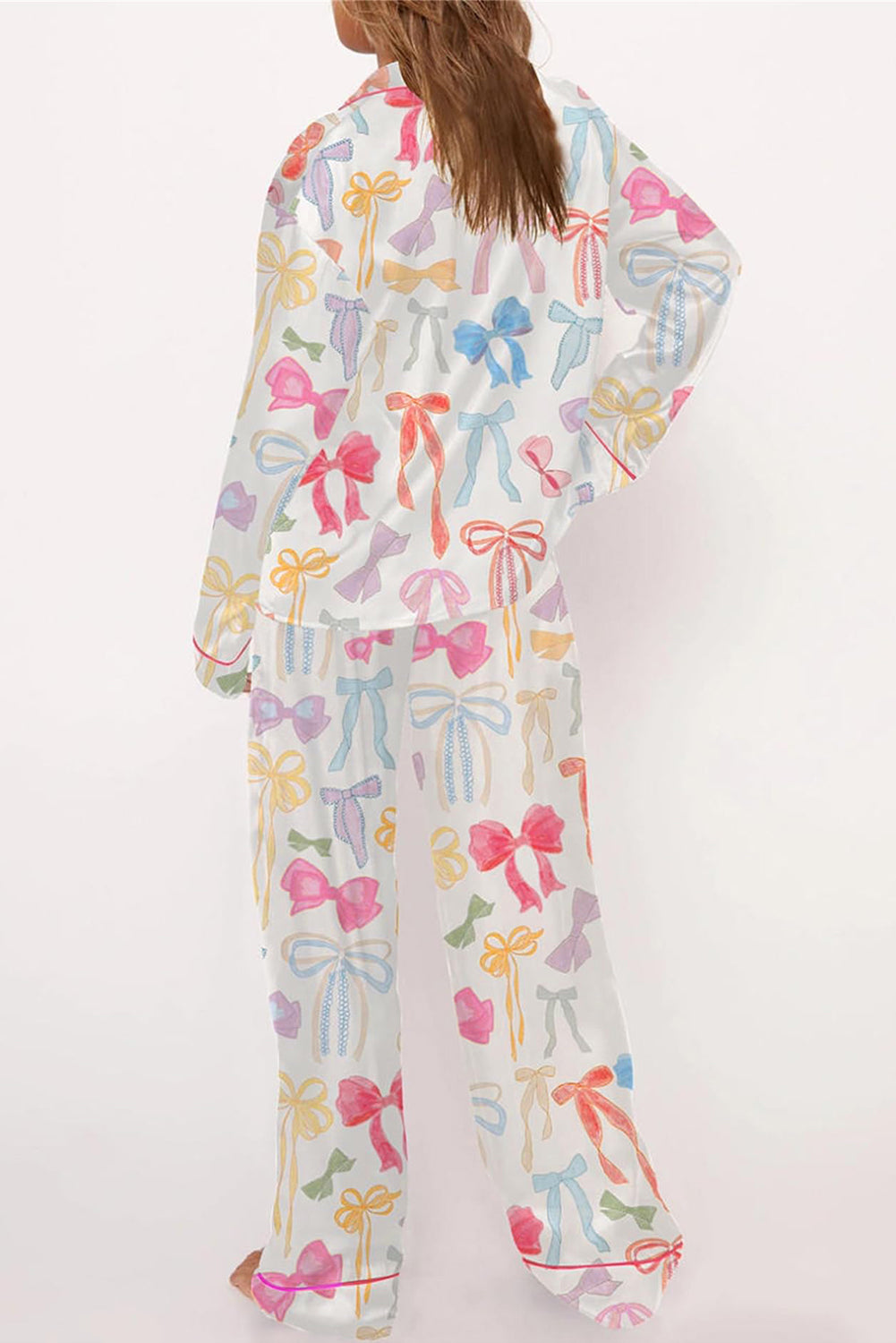 Bow Knot Print Lapel Collar Wide Leg Satin Pajama Set | White