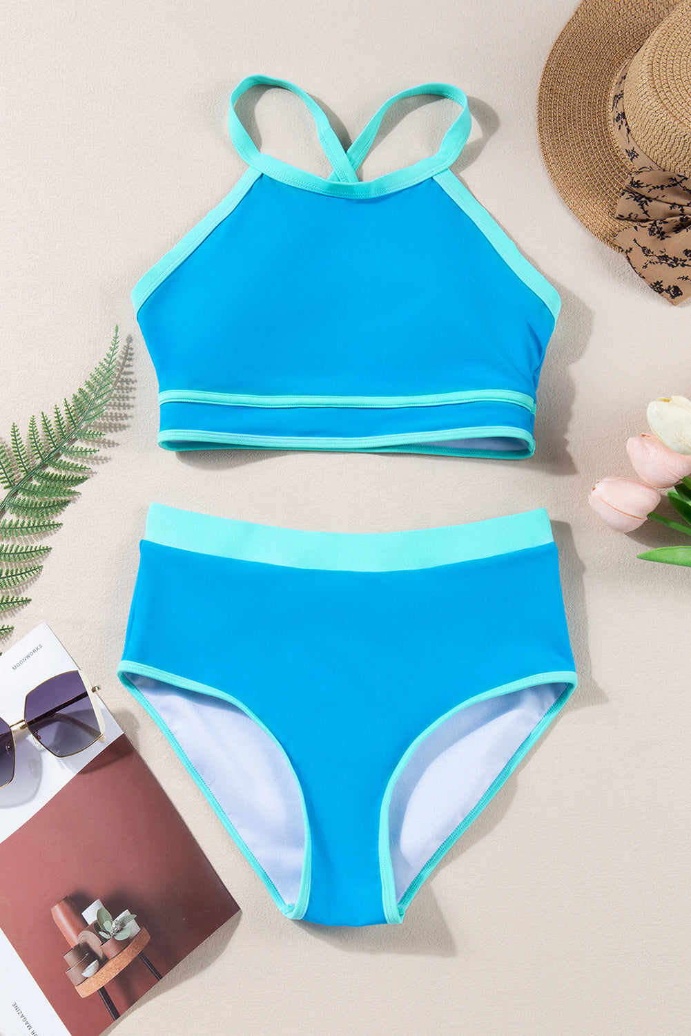 Contrast Trim Crisscross Back High Waisted Bikini | Blue