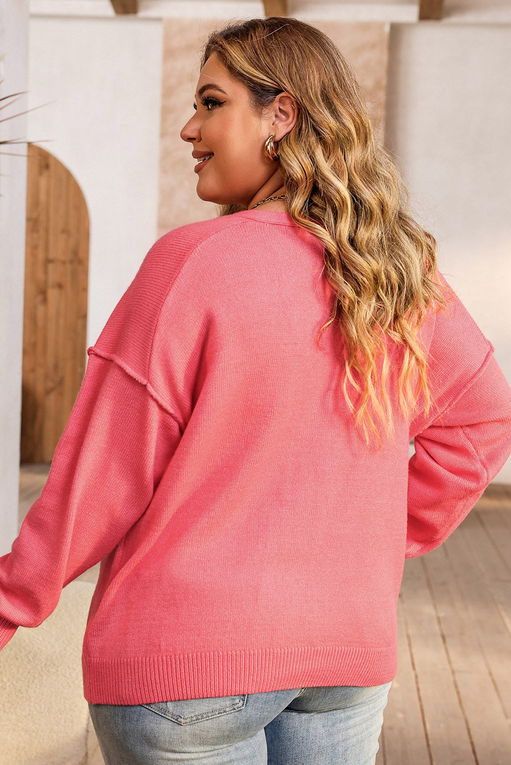 Plus Size Drop Shoulder V Neck Sweater | Pink