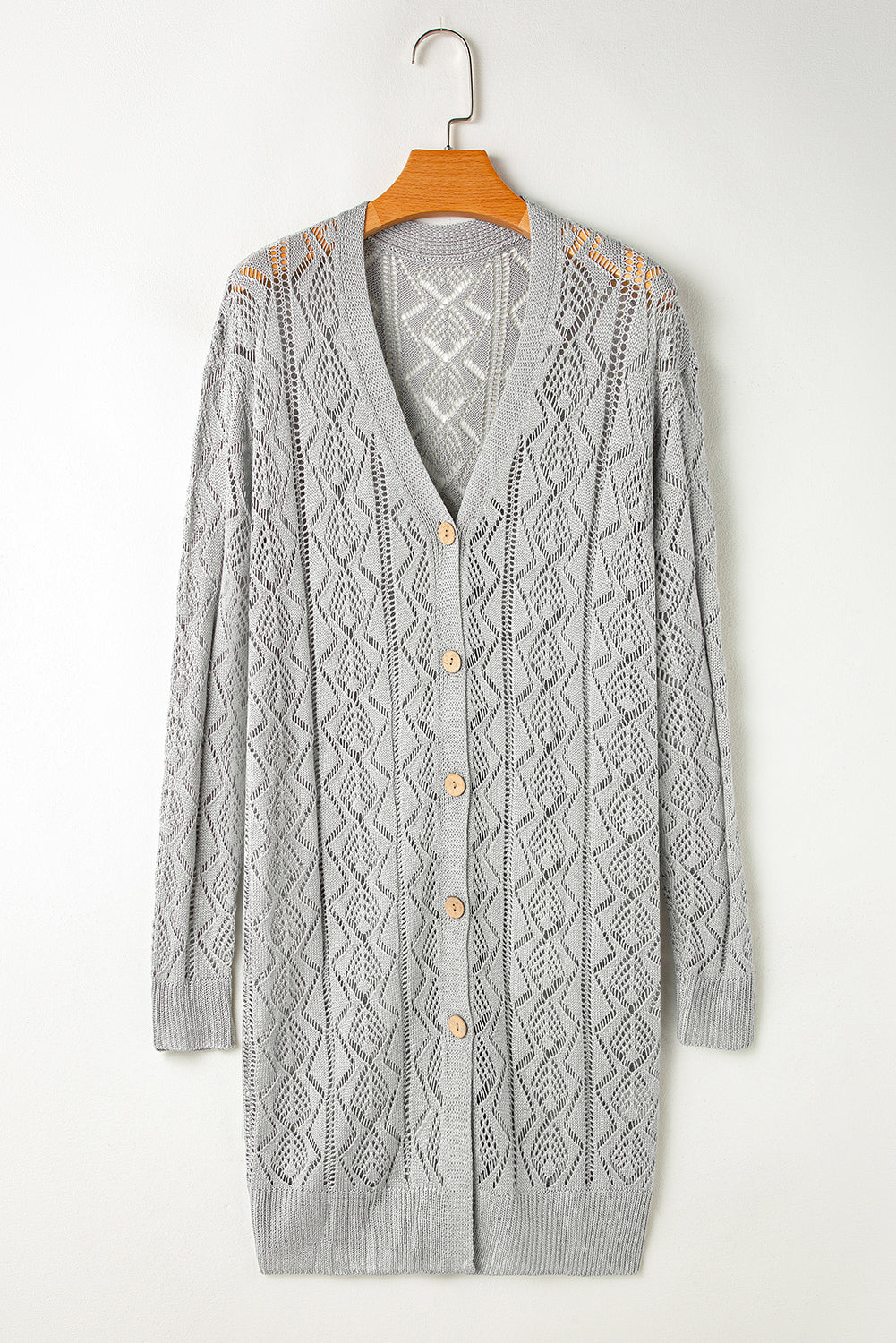 Hollow Out Buttons Front Long Cardigan | Gray