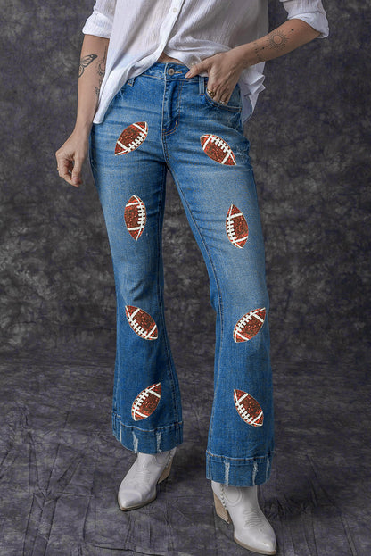 Sequin Rugby Football Pattern High Waist Distressed Flare Jeans | Sky Blue