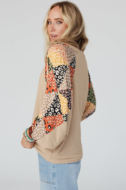 Contrast Printed Raglan Sleeves Patchwork V Neck Loose Top | Parchment