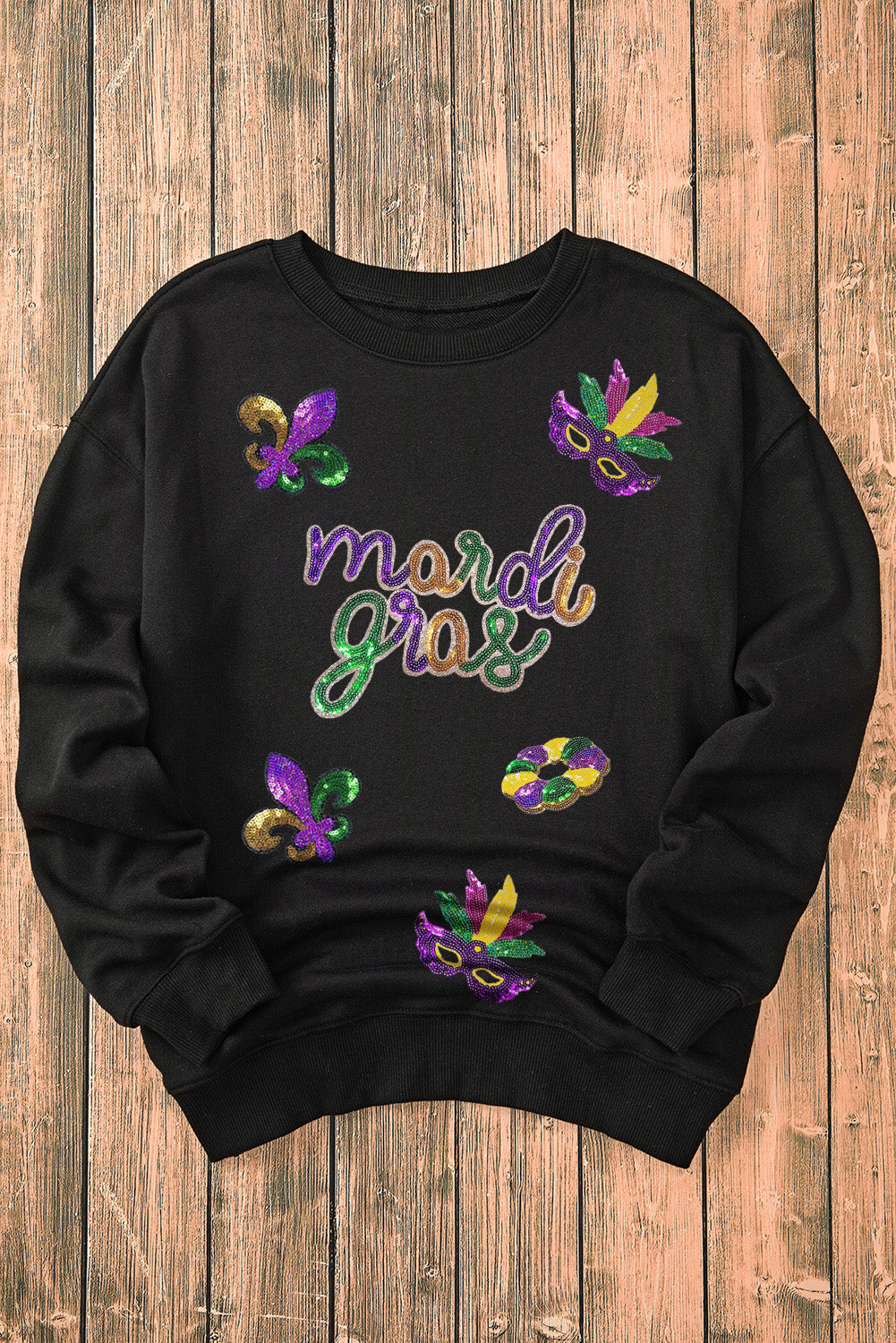 Sequin Mardi Gras Fleur De Lis Graphic Pullover Sweatshirt | Black