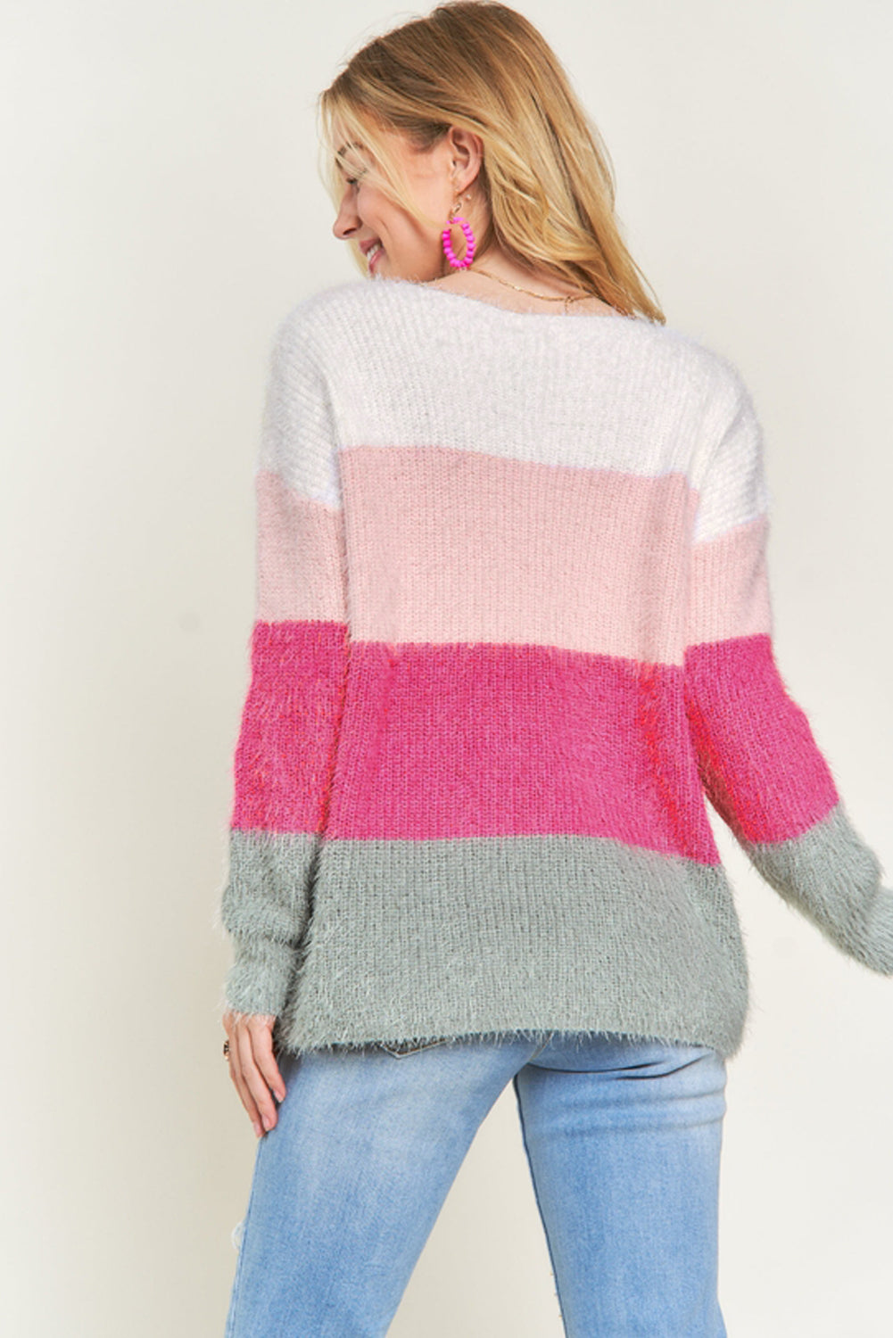 Striped Colour Block Fuzzy V Neck Sweater | Stripes