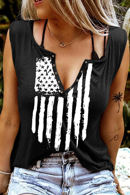 Usa Flag Graphic Split V Neck Tank Top | Black