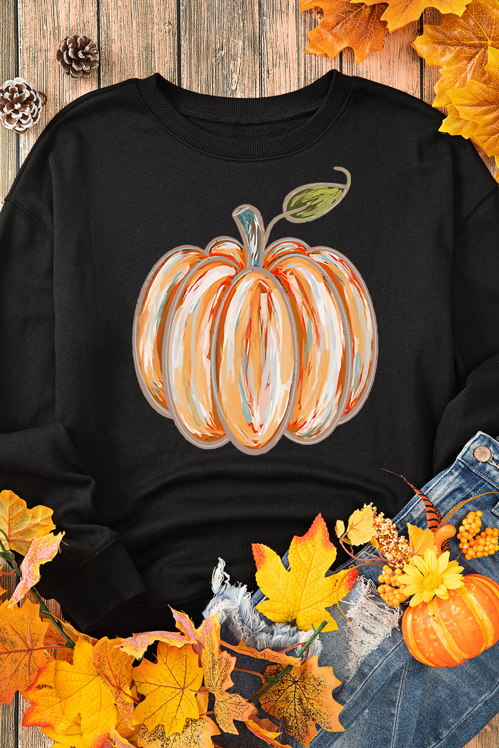 Thanksgiving Pumpkin Graphic Drop Shoulder Sweatshirt | Black