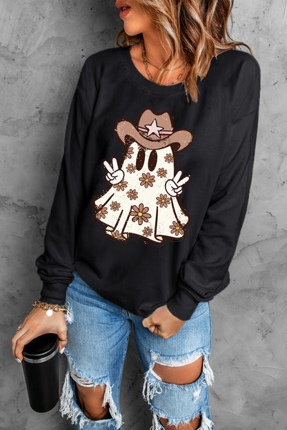 Halloween Floral Ghost Print Pullover Graphic Sweatshirt | Black