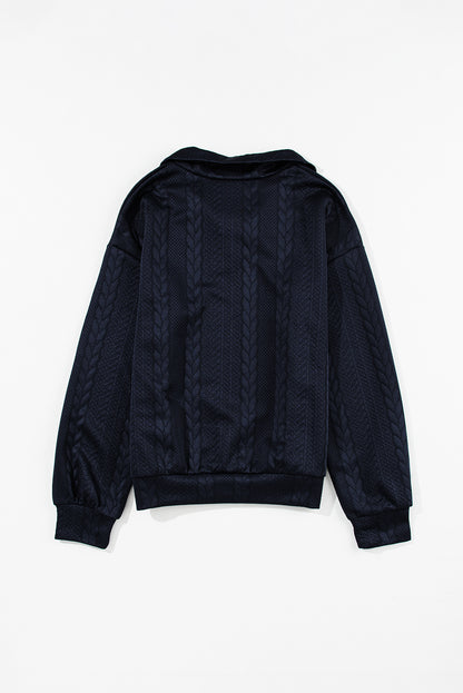 Zip Up Cable Textured Sweatshirt | Navy Blue