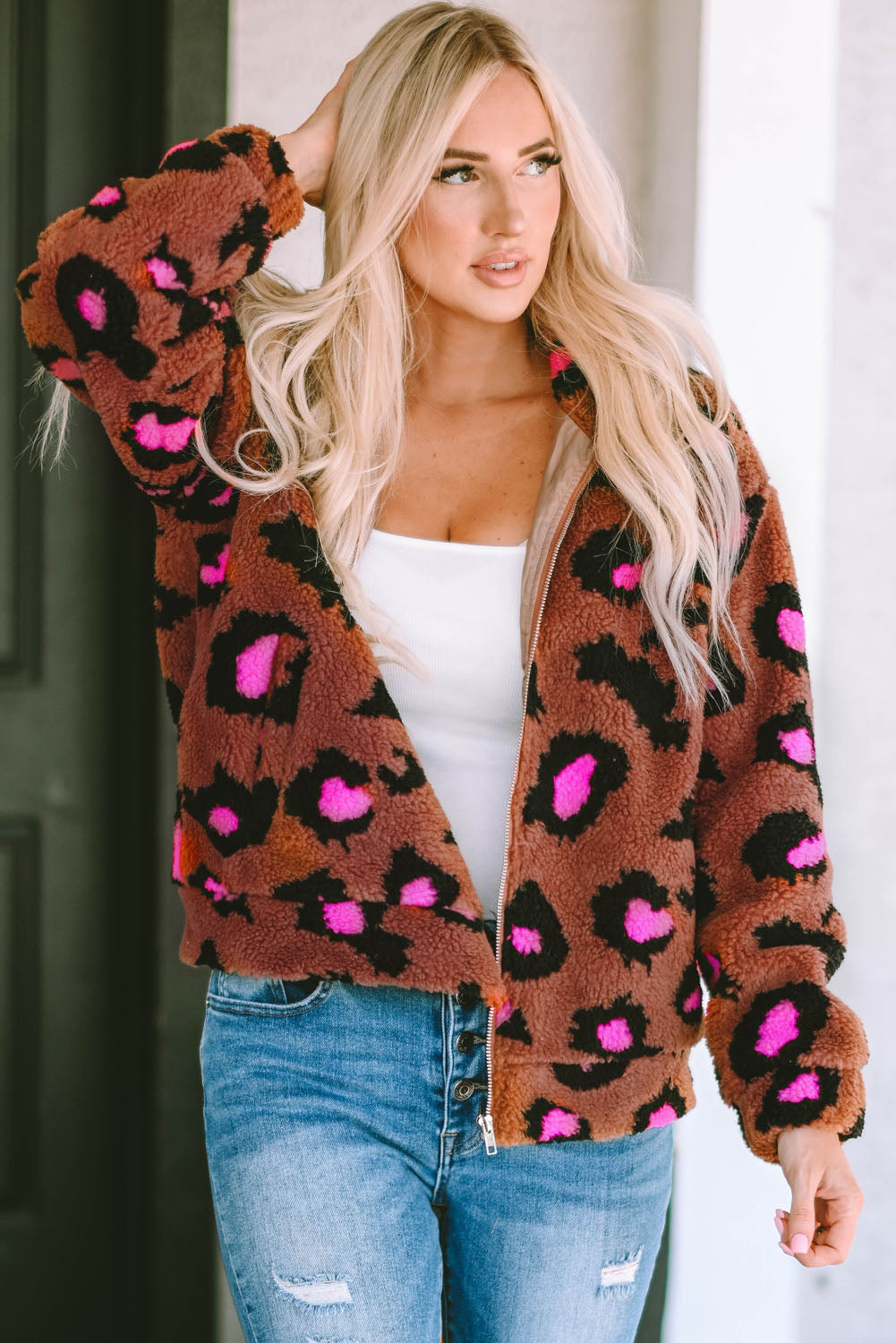 Leopard Zip Up Stand Collar Sherpa Teddy Jacket