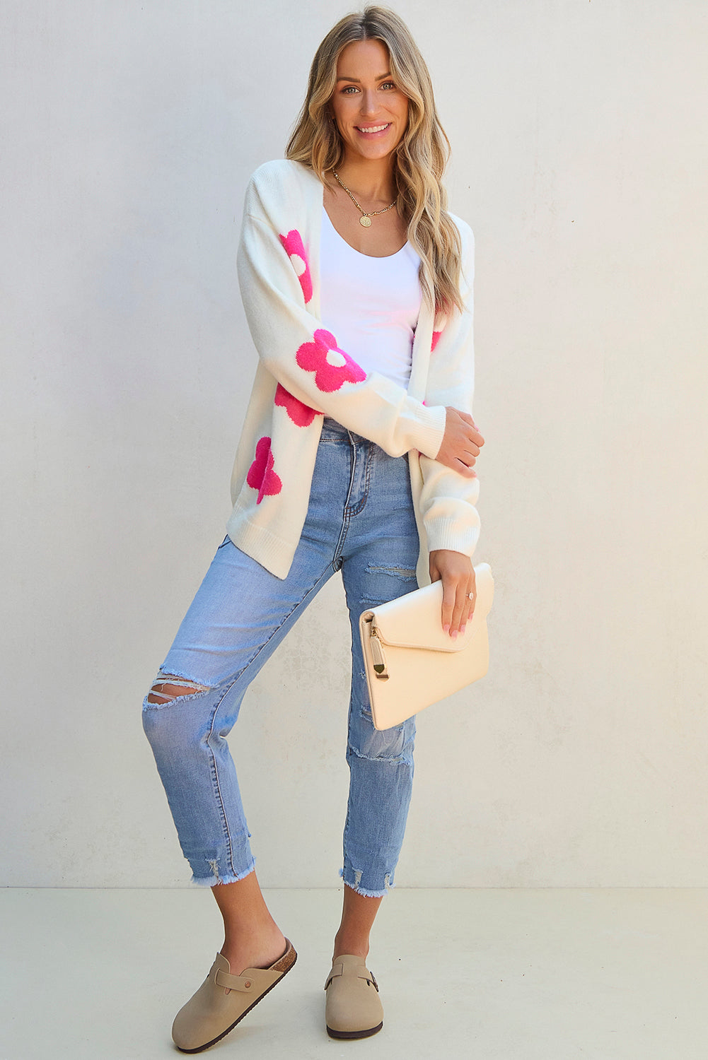 Flower Pattern Open Front Cardigan | Rose Red