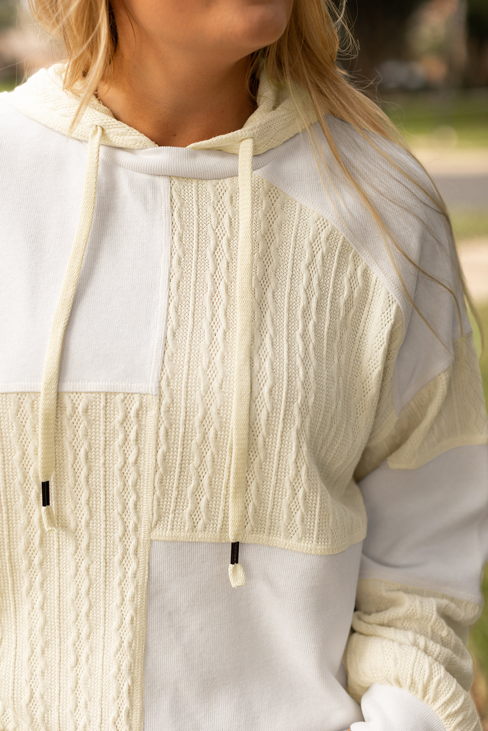 Textured Patchwork Exposed Seam Plus Size Hoodie | Beige